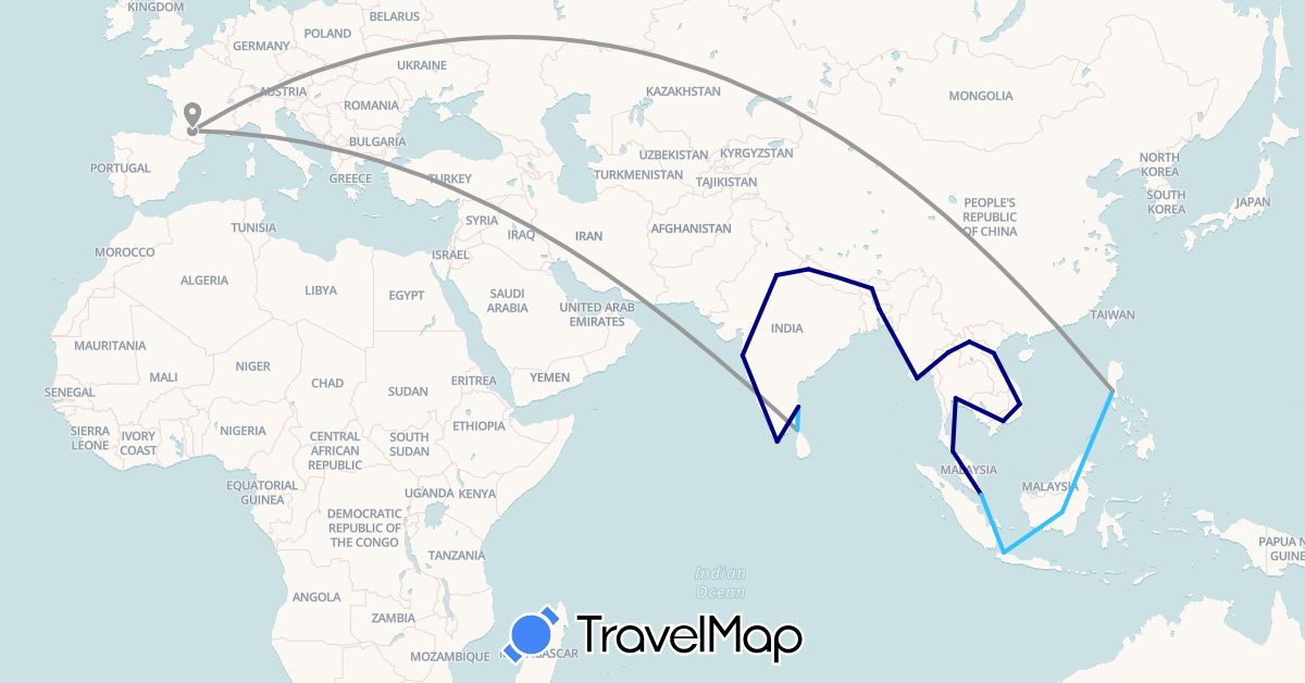 TravelMap itinerary: driving, plane, boat in Bangladesh, Bhutan, France, Indonesia, India, Laos, Sri Lanka, Myanmar (Burma), Nepal, Philippines, Singapore, Thailand, Vietnam (Asia, Europe)